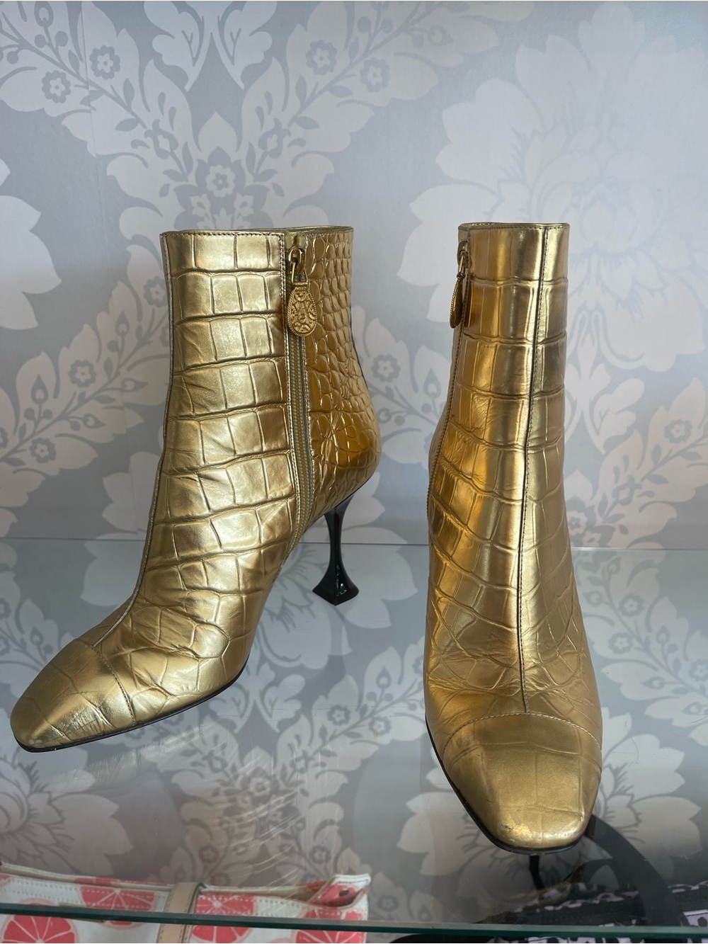 CHANEL Gold Croc-Embossed Ankle Booties with Sculpted Heel